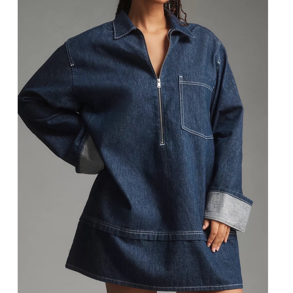 Pilcro Anthropologie Denim Quarter Zip Mini‎ Shift Dress Dark Wash Indigo Small